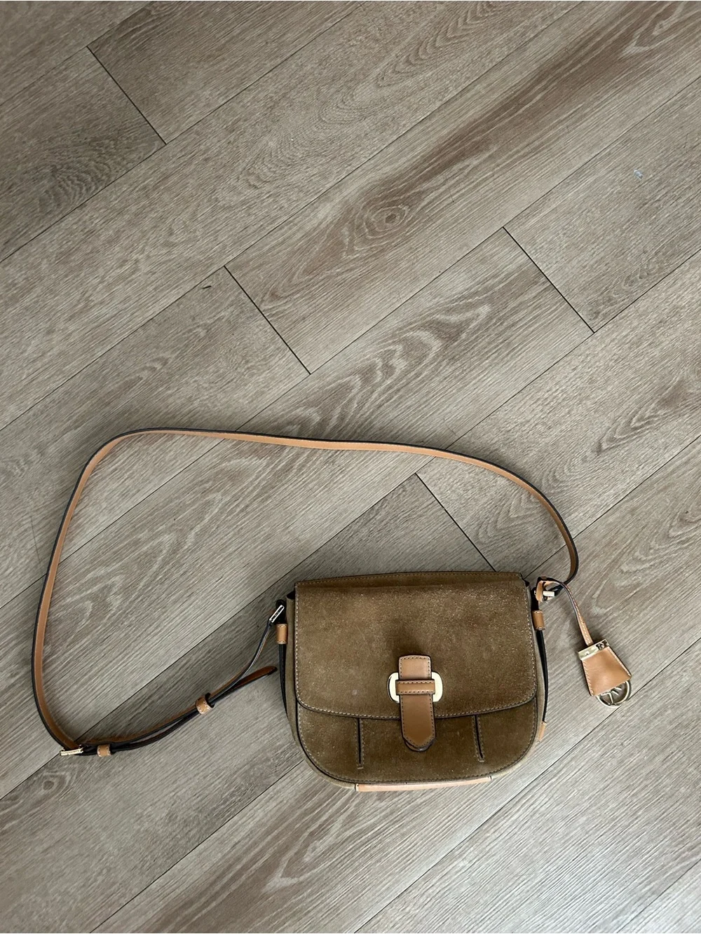 Classic Brown Suede Crossbody Bag with Tan Trim